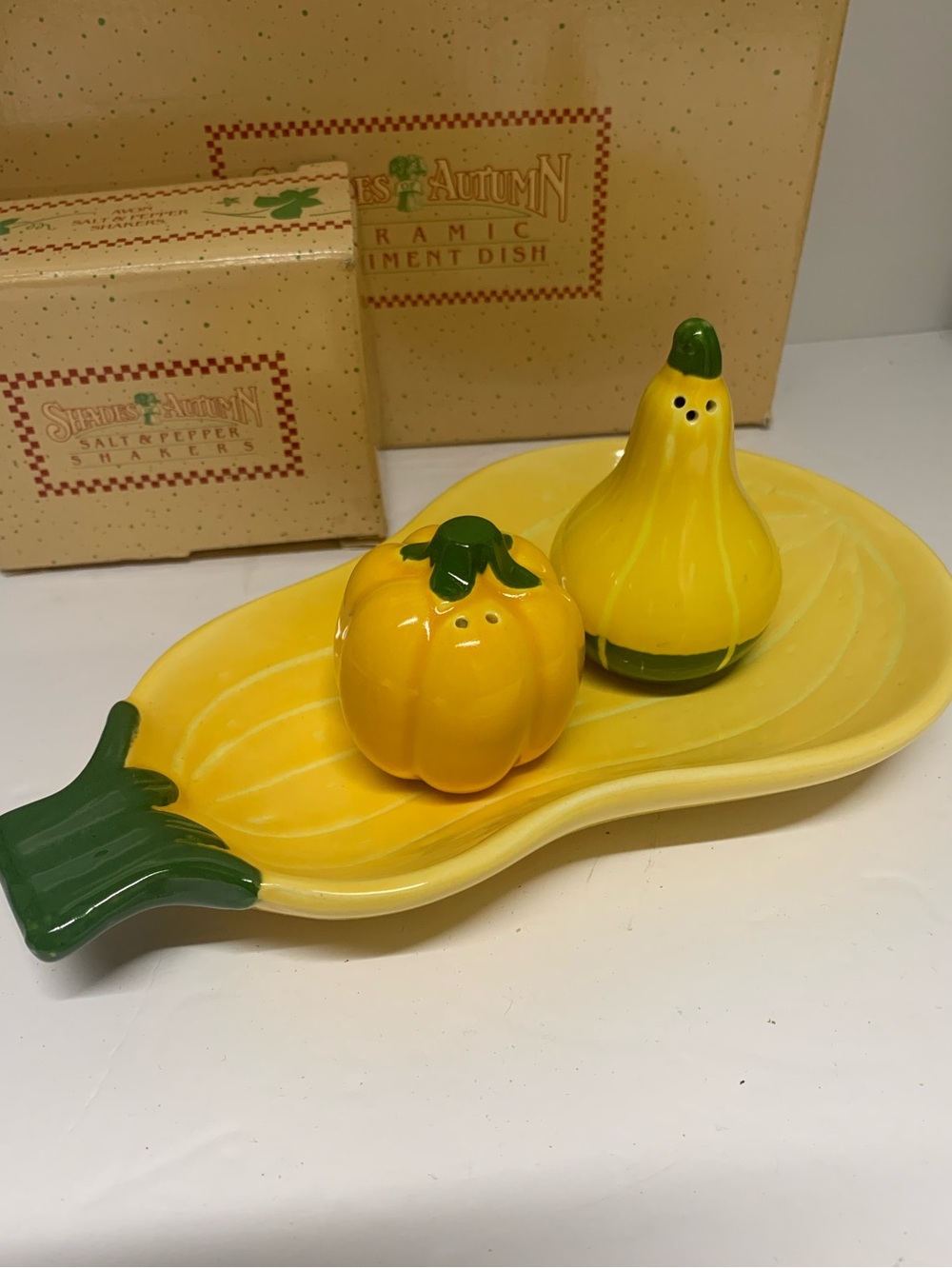 Condiment Dish and Salt and Pepper Shakers in Autumn Style.